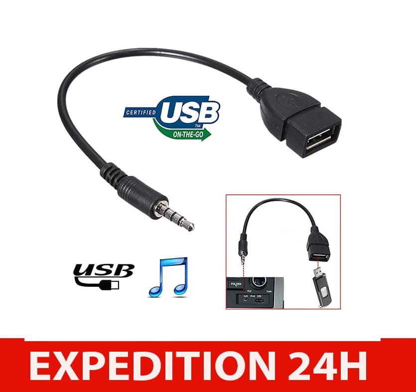 Adaptateur jack 3,5 mm vers USB femelle pour autoradio Hdeo