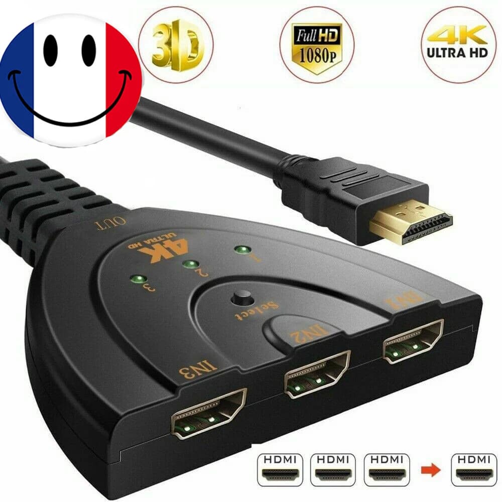Commutateur HDMI 3 entrées 1 sortie avec câble
