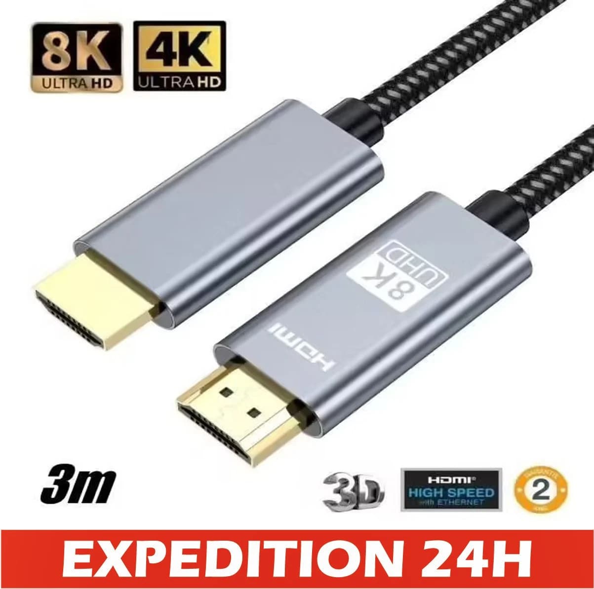 Câble HDMI 2.1 8K 48 Gbit/s tressé 3 m