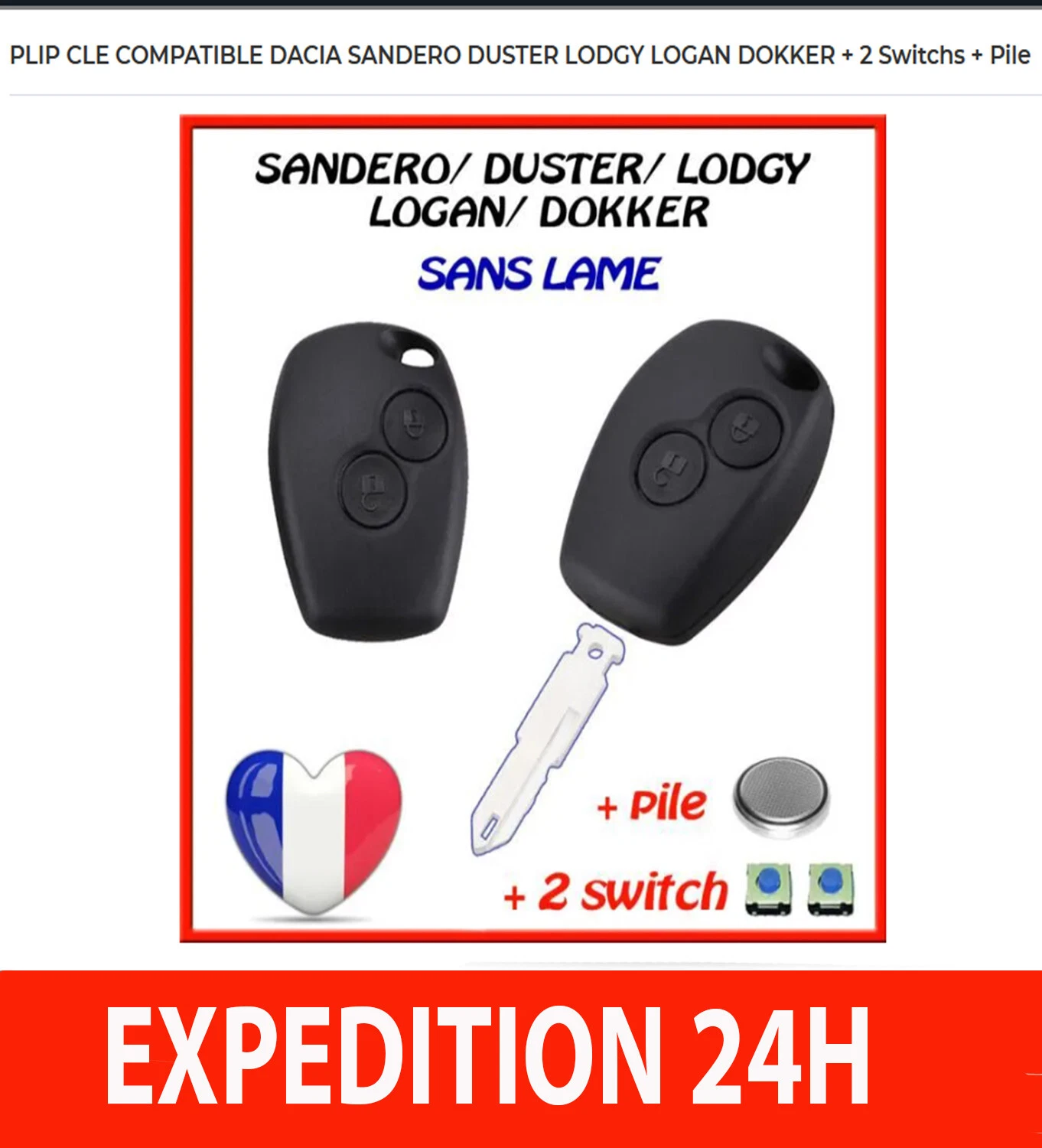 Coque de clé plip 2 boutons Renault avec switchs et pile