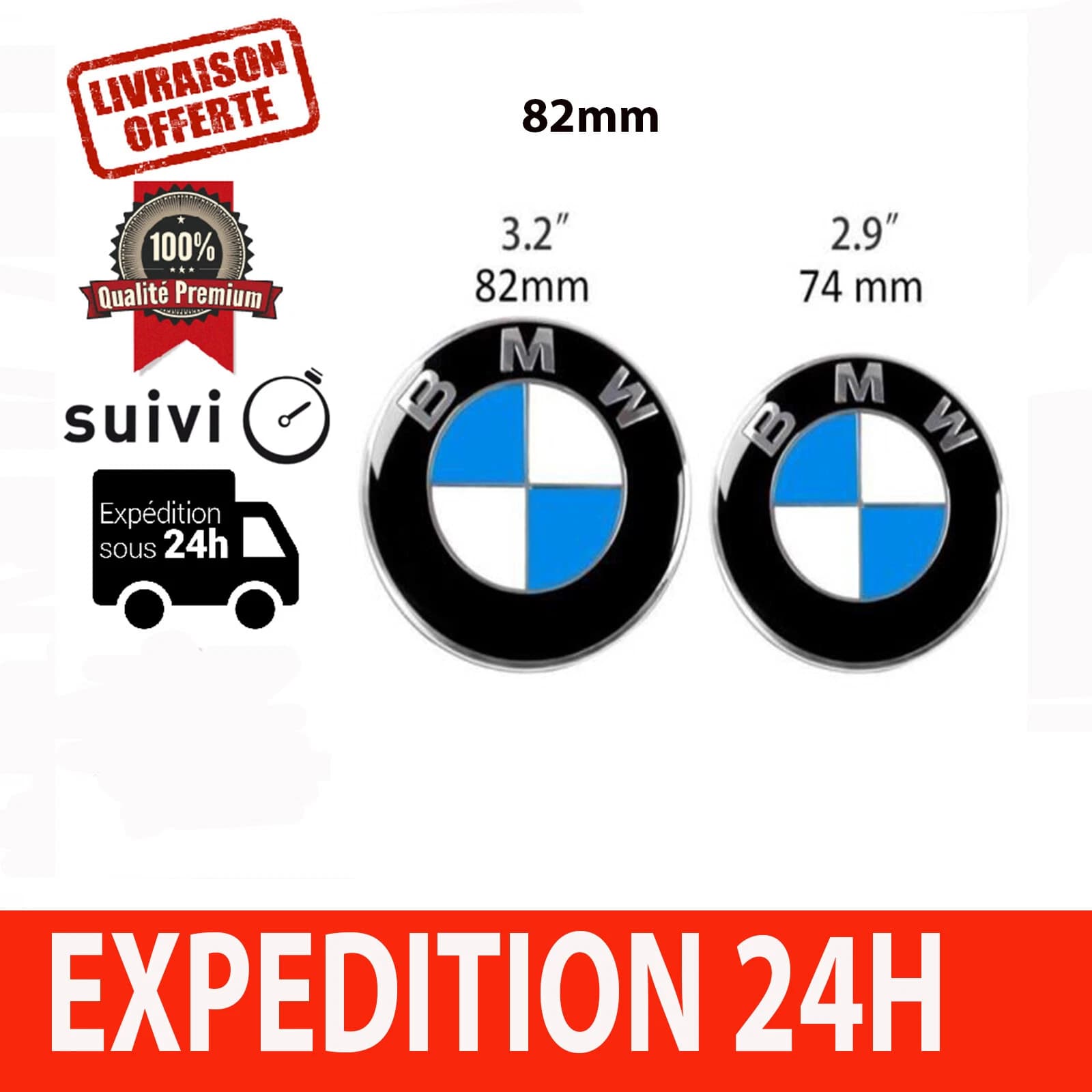 Logos de capot et de coffre compatibles BMW 74 et 82 mm