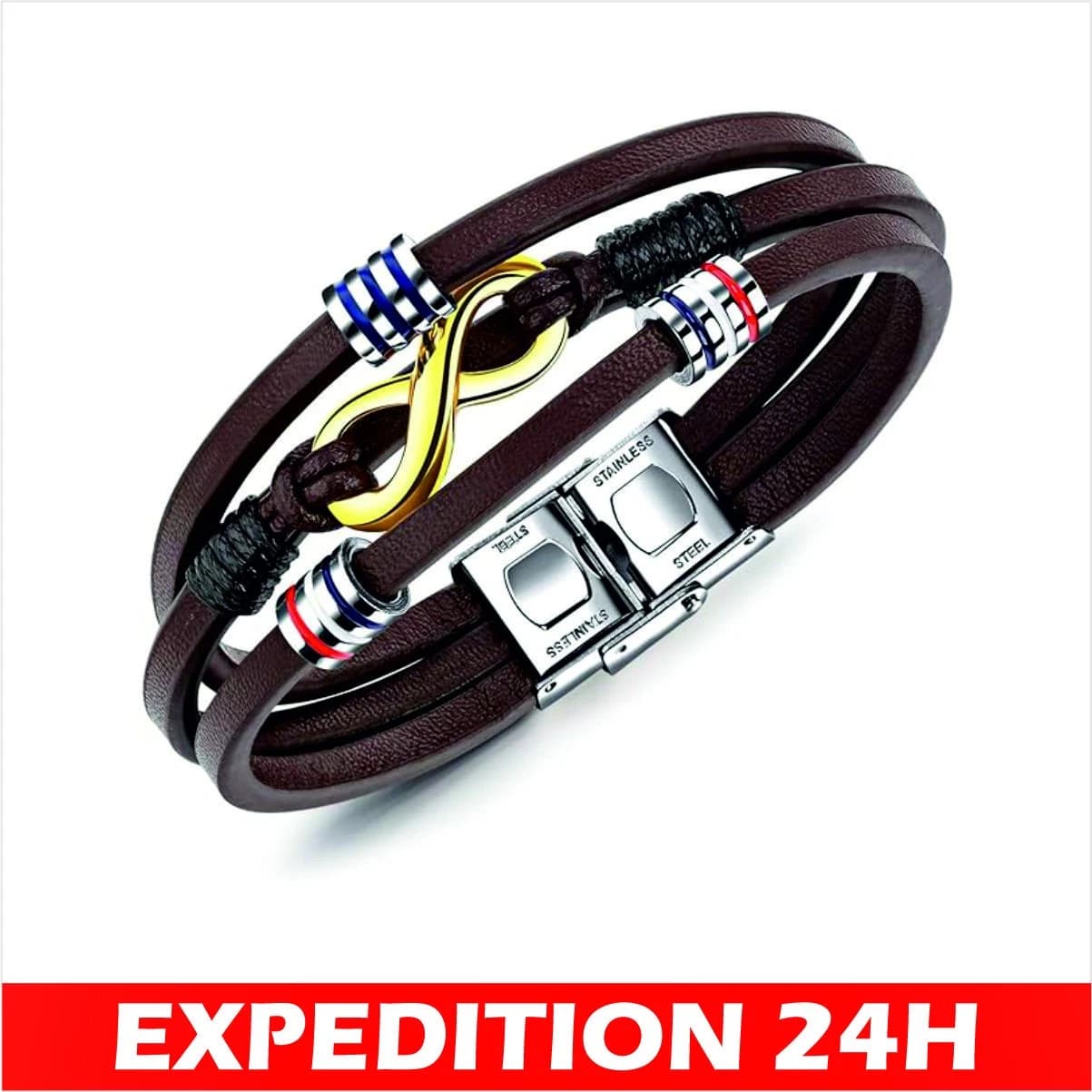 Bracelet multicouche en cuir tressé et acier inoxydable