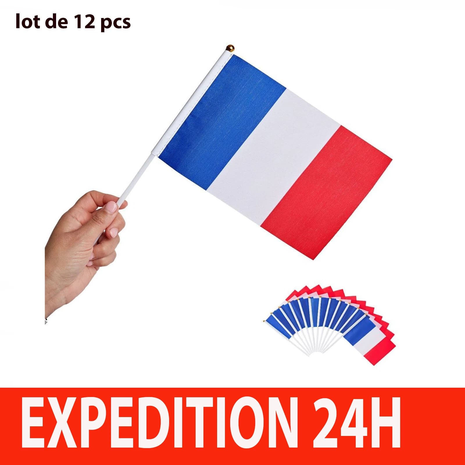 Petits drapeaux France à agiter 14 x 21 cm, lot de 12