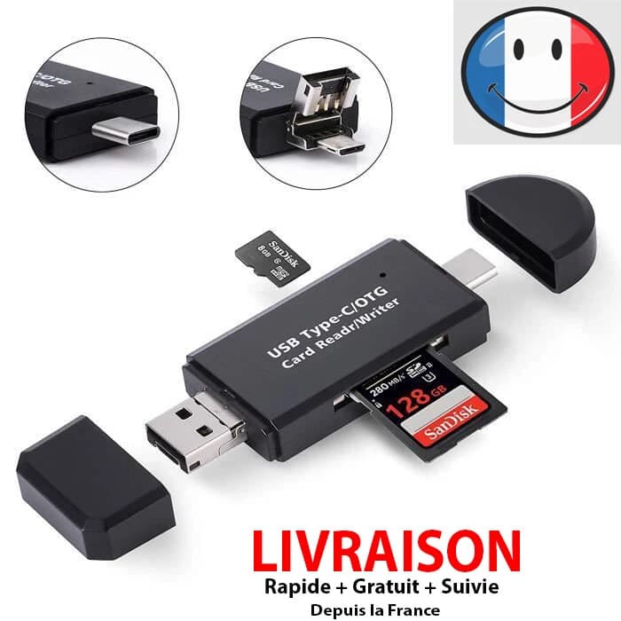 Lecteur de cartes mémoire 5 en 1 USB, USB-C et micro-USB