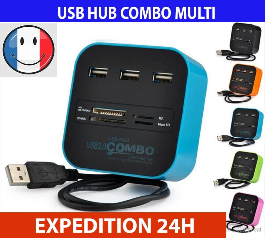 Hub USB 2.0 3 ports avec lecteur de cartes