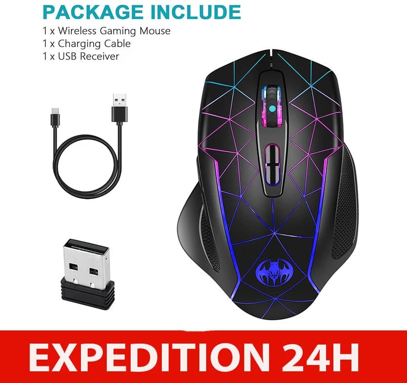 Souris gaming sans fil rechargeable silencieuse RVB
