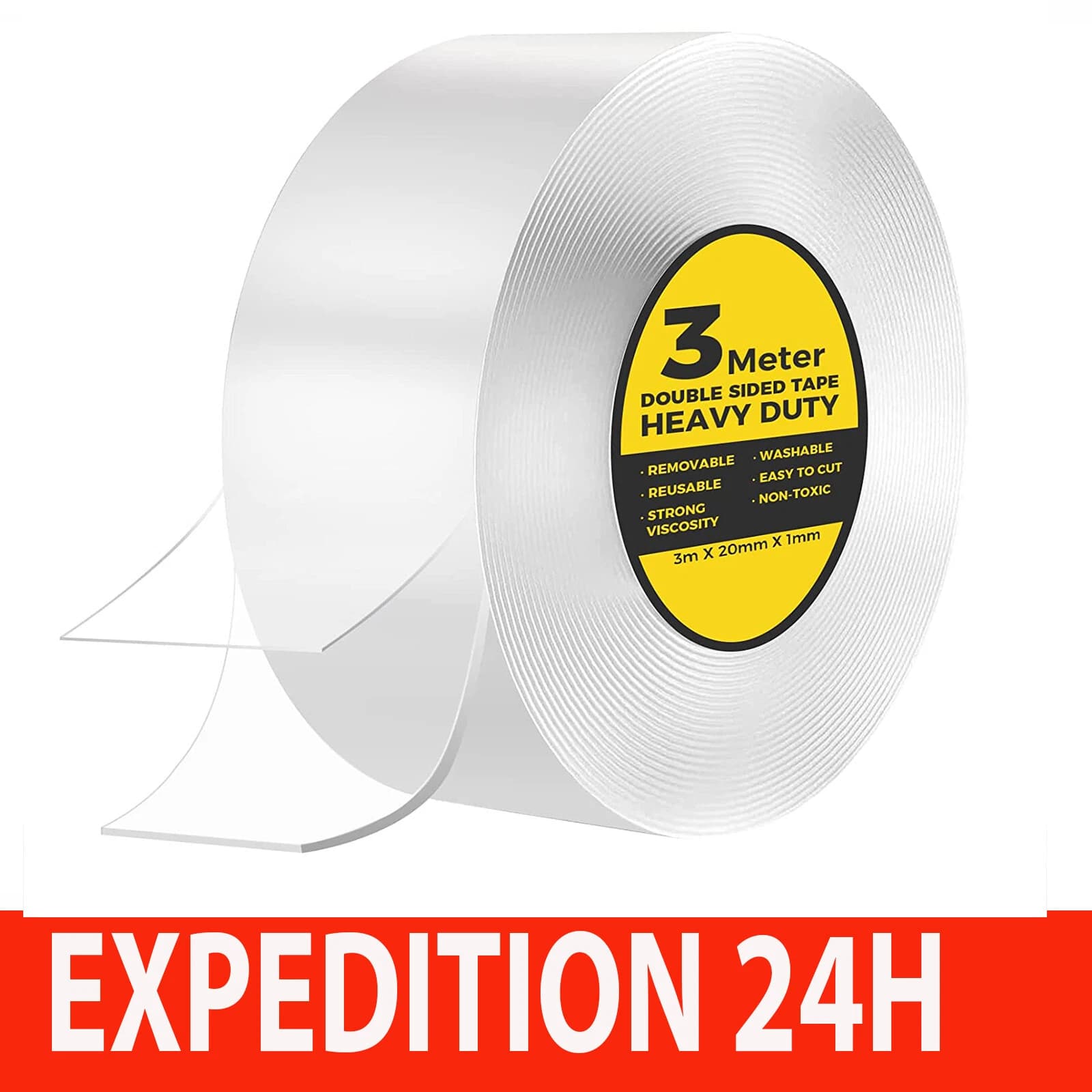 Ruban adhésif double face transparent lavable 20 mm x 3 m