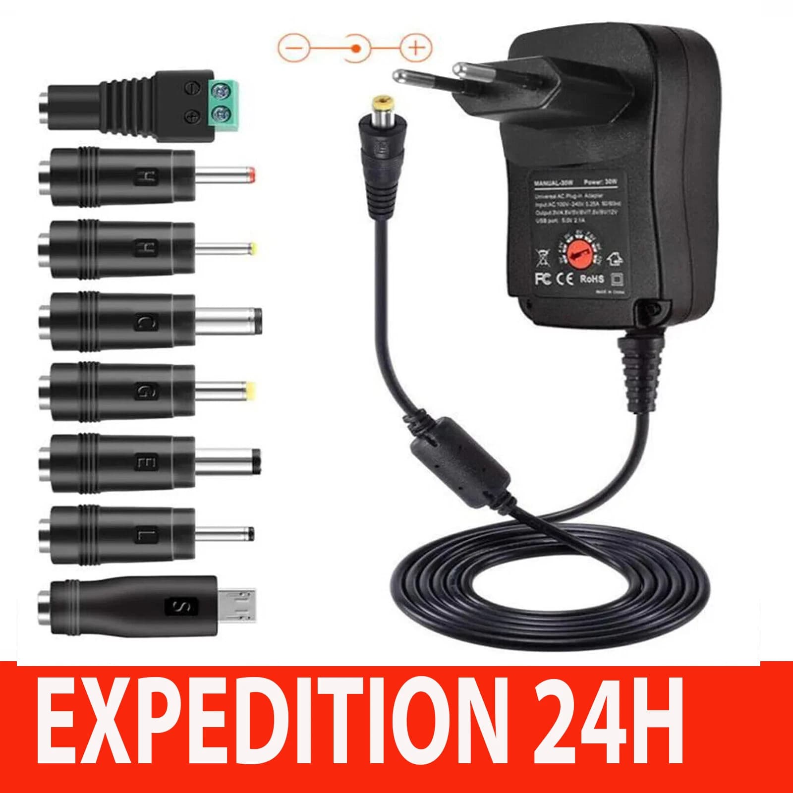 Adaptateur secteur universel 30 W multi-tension 3 à 12 V avec port USB
