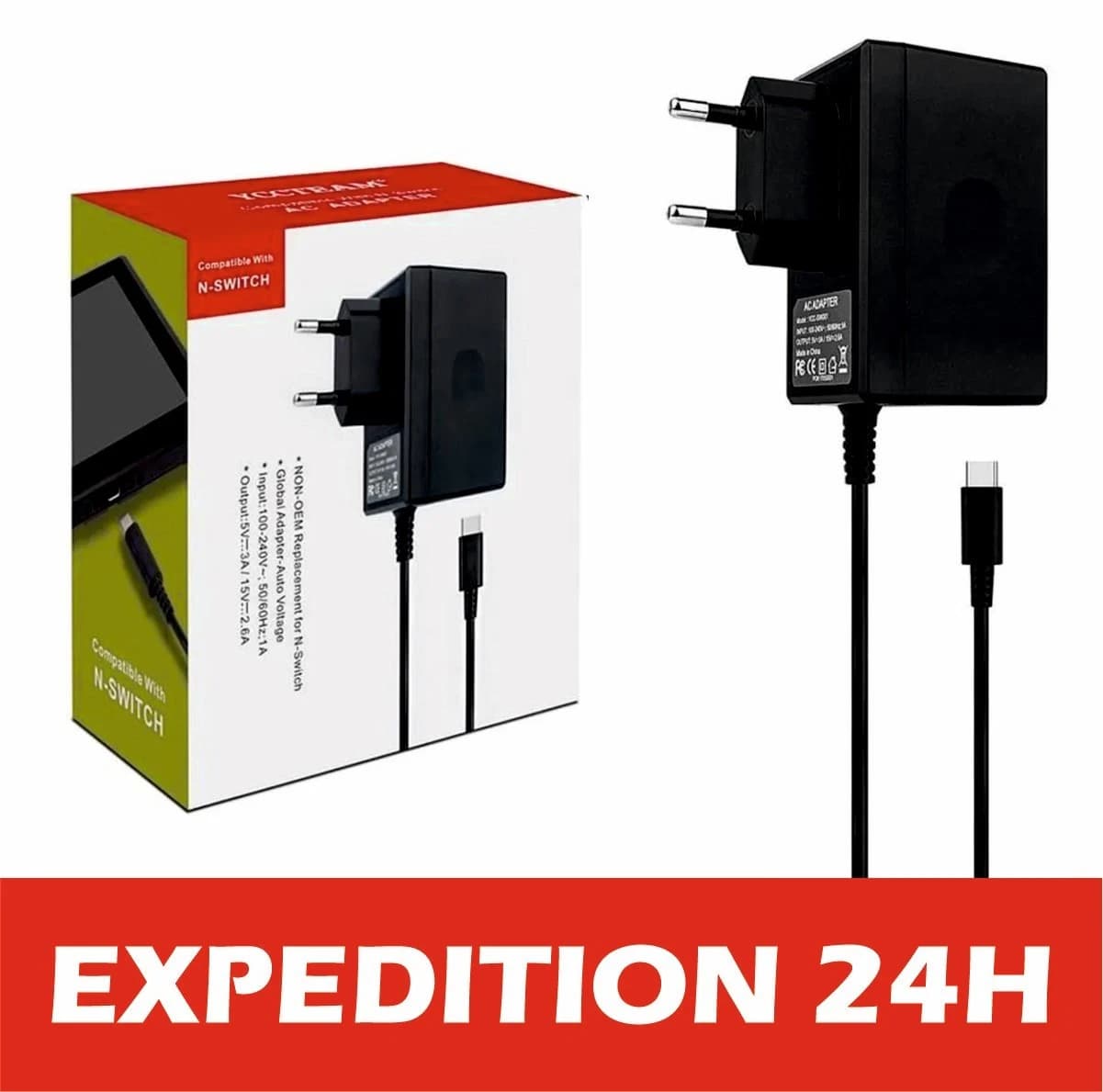 Chargeur secteur pour Nintendo Switch 15 V 2,6 A