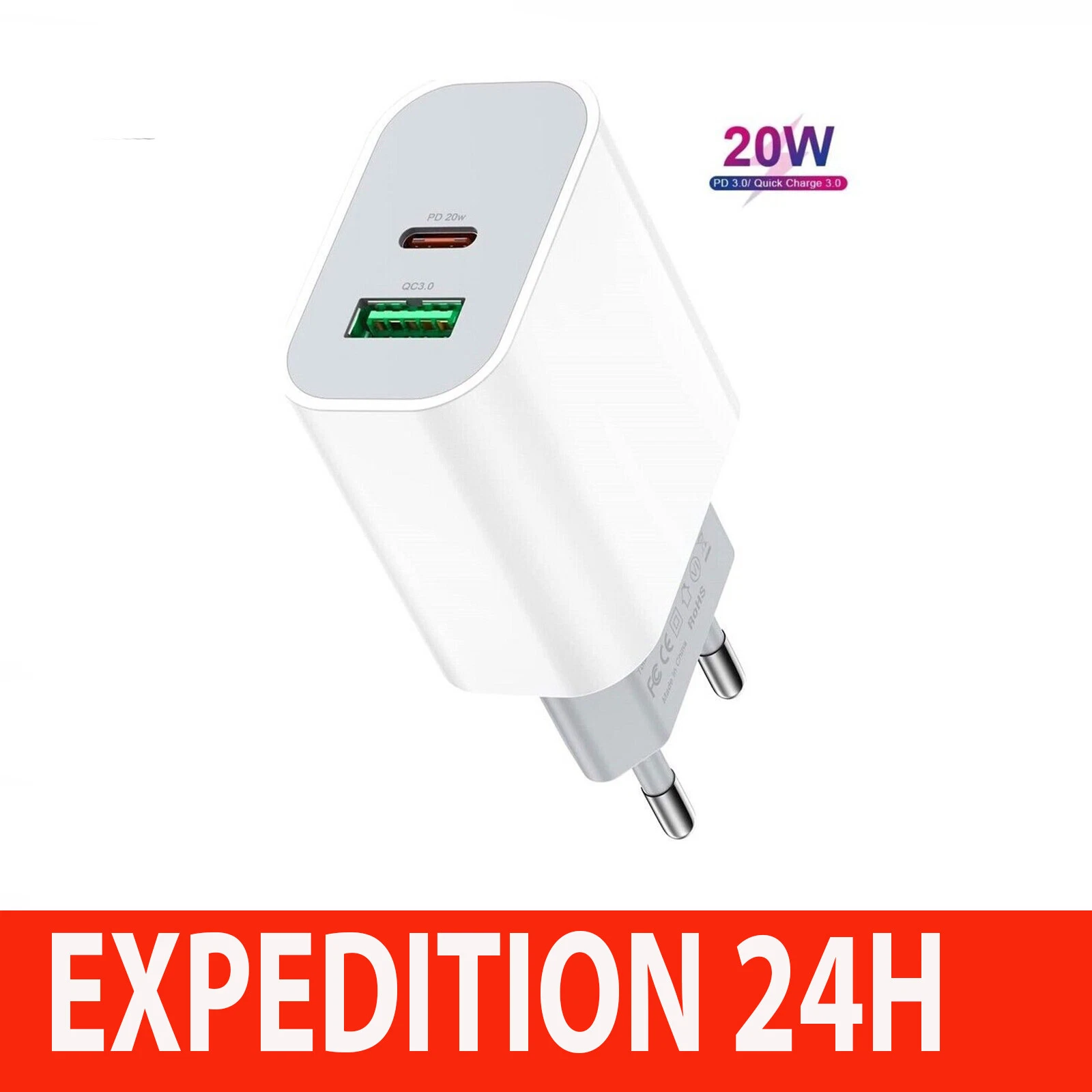 ZISONIX Chargeur secteur rapide 20 W USB-C et USB-A