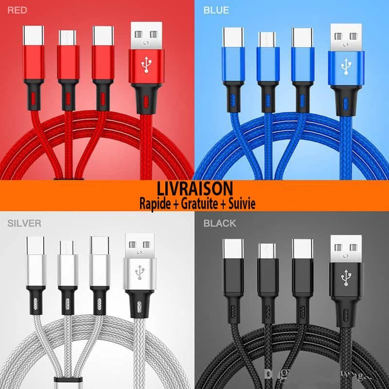 Câble de charge USB 3 en 1 Lightning, USB-C et micro-USB